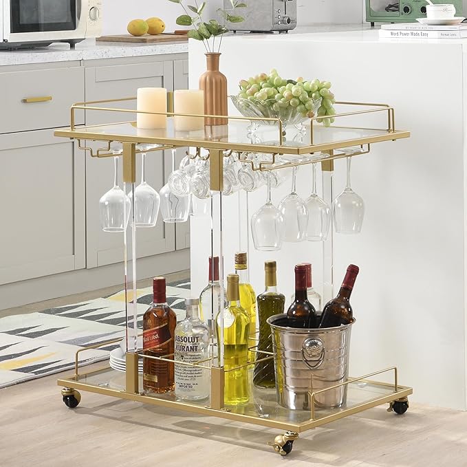 Bar Cart for Home Bar Chrome Serving Cart with Wine Rack 2-Tier Acrylic Rolling Bar Carts on Wheels Clear Dessert Cart Lucite Bar Stand Glass Liquor Cart for Living Room Kitchen Club Gold