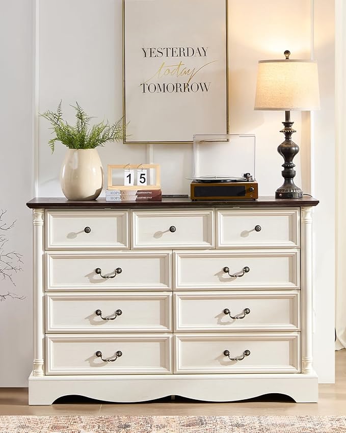 Farmhouse 9 Drawers Dresser for Bedroom with Charging Station, 54" Wide Wood Country Rustic Storage Dressers Organizer, Vintage Design Chest of Drawers TV Stand, Antique White