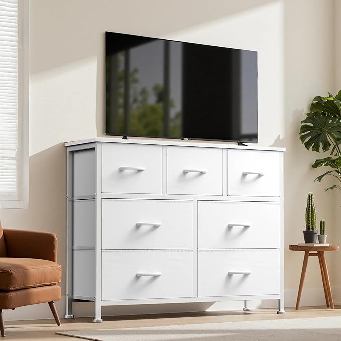 DUMOS TV Stand Dresser for Living Room Bedroom with 7 Fabric Drawer, Entertainment Center Chest Storage Organizer Units for Clothing, Closet, Cabinet, Living Room Furniture, White