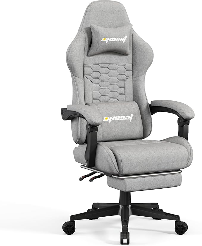 Gaming Chair, Computer Chairs for Adults with Lumbar Support and Massager, Comfortable Gamer Chair with Footrest & Pocket Spring Cushion, Ergonomic Home Office Chair, Grey, Fabric