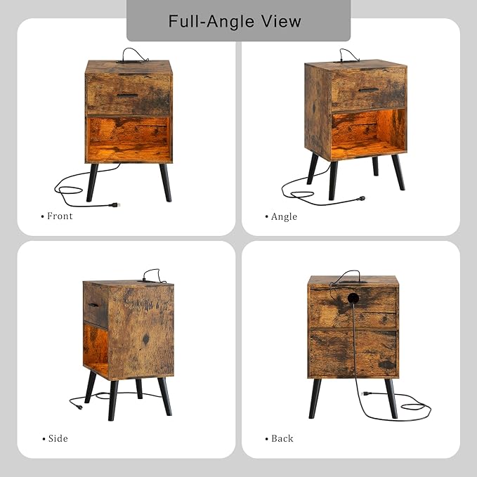 Nightstand with Charging Station and LED Lights, Small Side Table, Bedside Table with Drawer, Modern Night Stand, End Table for Bedroom, Living Room (Rustic Brown)