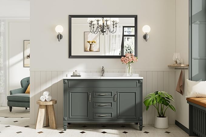 48x30 Inch Black Bathroom Mirror for Wall, Thick Metal Framed Rectangle Mirrors for Over Sink, Bedroom, Living Room, Entryway, Anti-Rust, HD Tempered Glass
