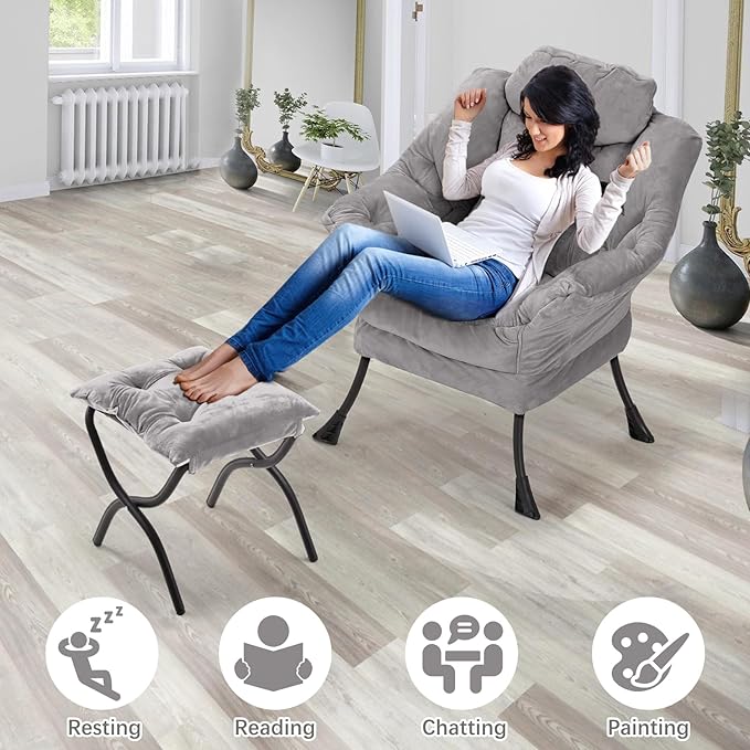Lazy Chair with Folding Ottoman,Leisure Sofa Chair,Soft Fabric Armchair with Armrests and Side Pockets, Reading Chair with Footrest for Living Room, Bedroom, Office (Plush Light Grey)