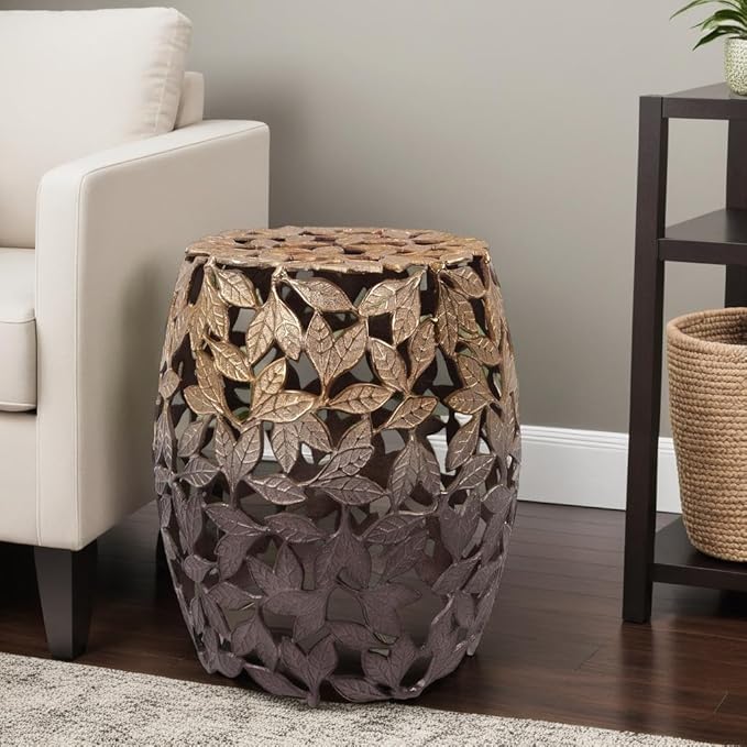 Howard Elliott Olive Leaf Round Side Table & Stool, Unique Bronze Finish Cast Aluminum Bedside Table, Modern Accent Decoration Side End Table for Living Room, Balcony & Bedroom, 17 x 16.25 Inch