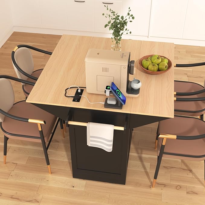 56" Large Kitchen Island with 2 Drop Leafs,Rolling Kitchen Cart on 5 Wheels W/Power Outlet & 3 Drawers,Folding Storage Dining Table W/Spice & Towel Racks,for Kitchen,Dining Room,Black