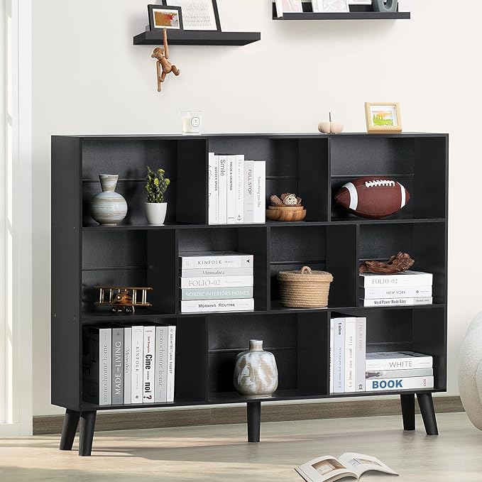 YAHARBO 10 Cube Large Bookshelf,3 Tier Bookcase with Legs,Black Mid-Century Modern Bookshelves,Wide Free Standing Open Storage Organizer Shelf,Tall Wooden Book Case Furniture for Living Room,Office