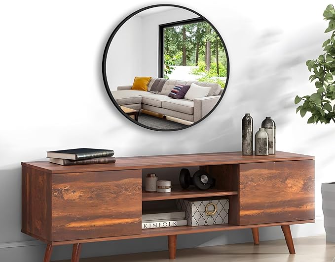Circle Mirror, Black Round Mirror 20 Inch Round Bathroom Mirror Small Round Mirrors for Wall Decor Frosted Metal Frame Anti-Rust Tempered Glass Mirror for Bedroom Living Room Decorative