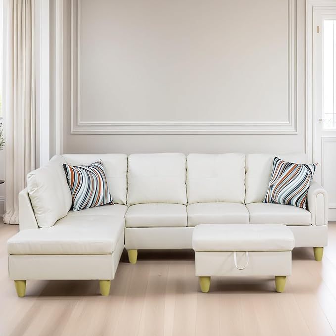L Shaped Sectional Couches for Living Room, Modern Modular Sectional Sofa with Ottoman Storage, Comfy L Shaped Couch with Chaise for Bedroom Apartment Furniture, White