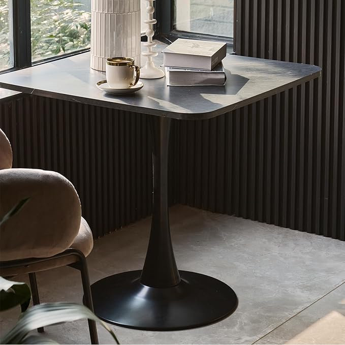 Square Modern Dinning Table 30 inches for 2-4 Bistro Tulip Table with Faux Marble top,Easy Assemble,Sturdy Metal Frame Diameter 30in*H28.74in (Black, 30in)