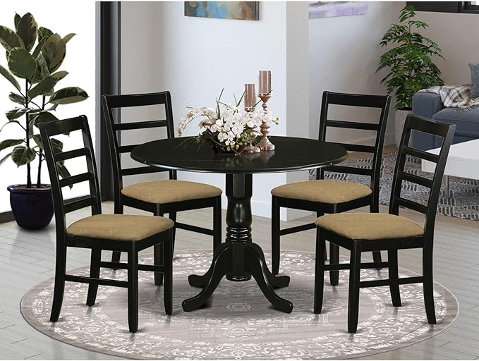 East West Furniture DLPF5-BLK-C 5 Piece Dining Table Set for 4 Includes a Round Kitchen Table with Dropleaf and 4 Linen Fabric Dining Room Chairs, 42x42 Inch, Black