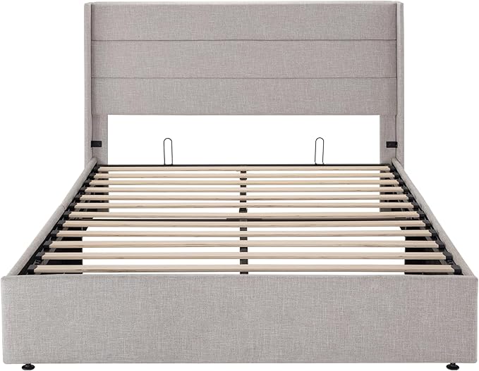 SHA CERLIN Queen Size Lift Up Storage Bed/Modern Wingback Headboard/Upholstered Platform Bed Frame/Hydraulic Storage/No Box Spring Needed/Wood Slats Support/Light Beige