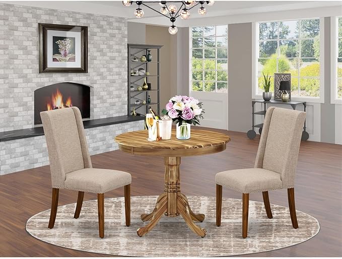 East West Furniture ANFL3-ANA-04 3 Piece Kitchen Table Set Contains a Round Dining Room Table with Pedestal and 2 Light Tan Linen Fabric Upholstered Chairs, 36x36 Inch, Natural