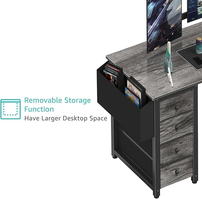 Lufeiya L Shaped Computer Desk with Drawers & Storage Shelves, 47 Inch Small Corner Desk with Power Outlet for Home Office Bedroom, L-Shaped Gaming PC Desks with Fabric Drawer, Gray
