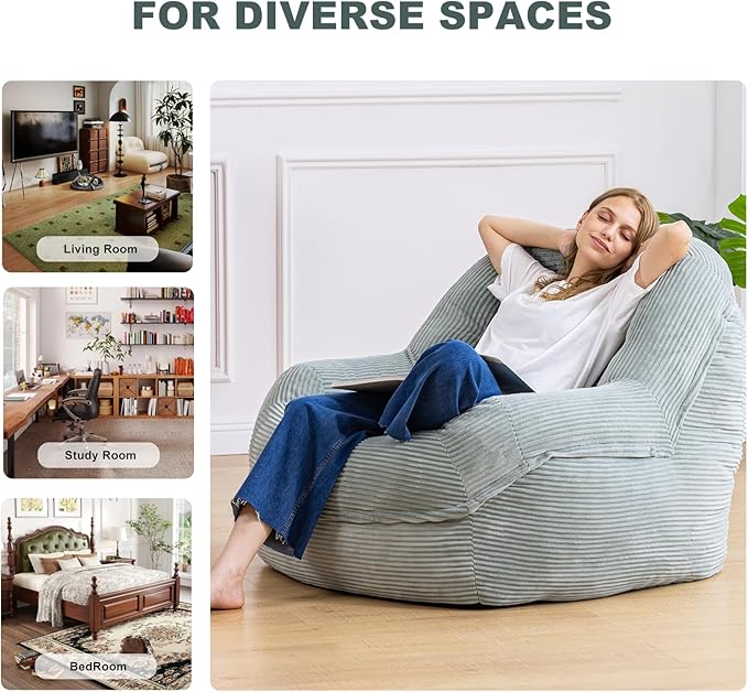 Giant Bean Bag Chair with Armrests - Oversized Cozy Seating for Adults, Corduroy Fabric & High - Density Foam Filling, Ideal Lounge for Living Room, Bedroom & Gaming Room (Mint Green)