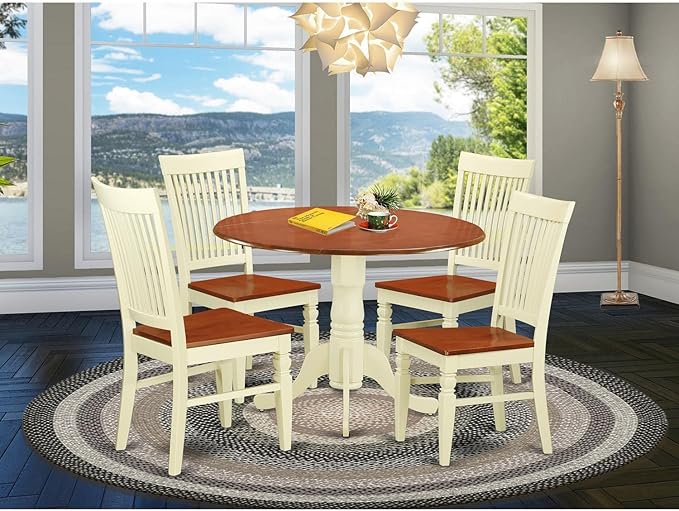 East West Furniture DLWE5-BMK-W 5 Piece Dinette Set for 4 Includes a Round Dining Table with Dropleaf and 4 Dining Room Chairs, 42x42 Inch, Buttermilk & Cherry