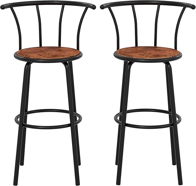 VECELO Bar Stools Set of 2, Swivel Counter Stools with Backrest, Bar Height Stools for Dining Room, Kitchen Island, Pub, Easy Assembly, Dark Brown