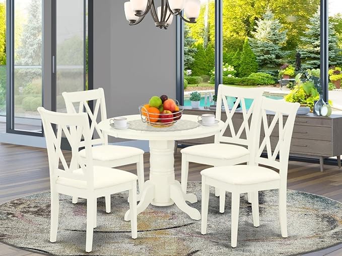 East West Furniture SHCL5-WHI-C 5 Piece Dining Room Table Set Includes a Round Kitchen Table with Pedestal and 4 Linen Fabric Upholstered Dining Chairs, 42x42 Inch, Linen White