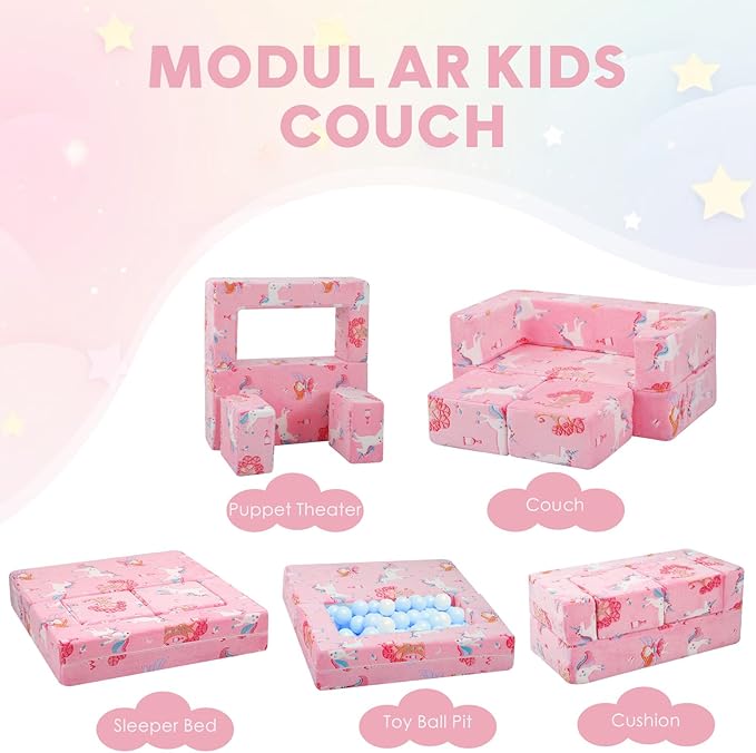 MeMoreCool Modular Kids Couch, Glow Play Toddler Couch for Bedroom Playroom, Convertible Foam Kids Sofa Bed, Fold Out Baby Sofa for Girl Boy, Pink Fairy