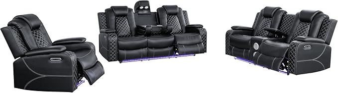 Ball & Cast Power Recliner Sofa Set Leather Reclining Sofa Set Living Room Furniture Set 3PCS Recliner Couch Loveseat and Chair Sets with LED,USB Charging,Cup Holders,Storage Console for Home Theater