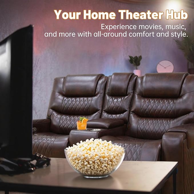 PU Leather Power Wall Hugger Chair Double Reclining Sectional Sofa 2-Seater Loveseat Couch with Center Storage Console, USB Ports, Cup Holders and Ambient LED Light for Living Room RV Theater Seating