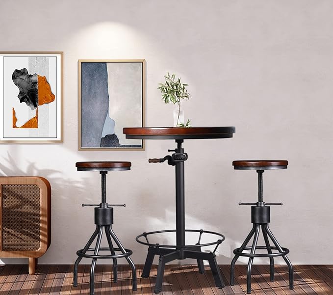 LOKKHAN Industrial Bar Table-33.5-39.4 Inch Tall-Adjustable Bar Height Pub Table-23.7 Inch Swivel Round Wood Top Metal Base-Easily Adjusts by Crank Handle