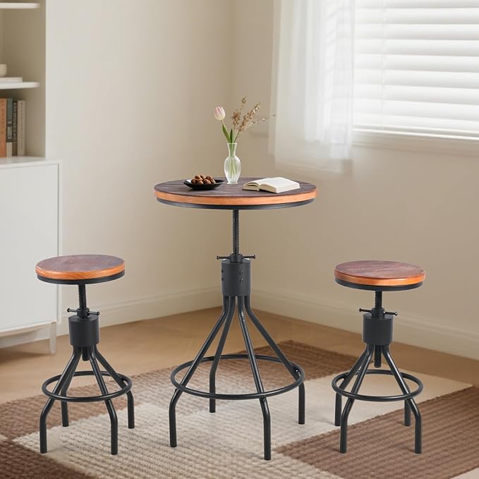 Industrial Bar Stool-Set of 2-Swivel Counter Coffee Chair-Extra Pub Height Adjustable 22-33 inch