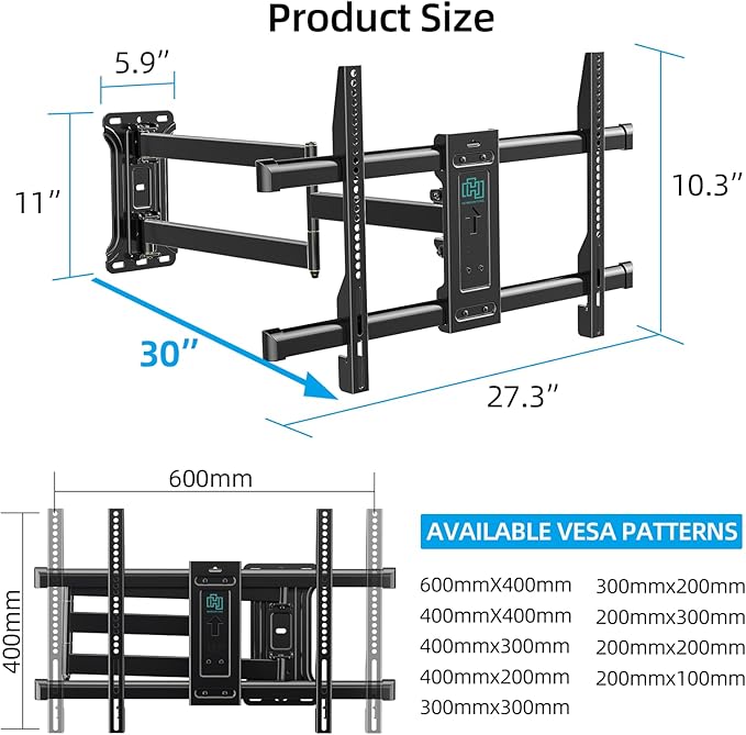 Pre-Assembled Corner TV Wall Mount for 32-80" TVs, Full Motion with Smooth Gliding Extension, 30" Long Arm, Single Stud Installation Holds 100lbs, Max VESA 600x400mm