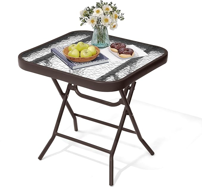 Foldable Outdoor Side Table with Tempered Glass Top Square 18" Folding Patio Side Table Small Glass End Tables for Patio Porch Yard Balcony Deck Lawn Dining Garden (Brown)