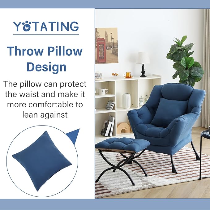 Lazy Chair with Ottoman, Comfy Reading Chair with Footstool & Pillow Modern Lounge Chair with Armrests & Side Pocket for Living Room, Bedroom, Dorm Room,Royal Blue