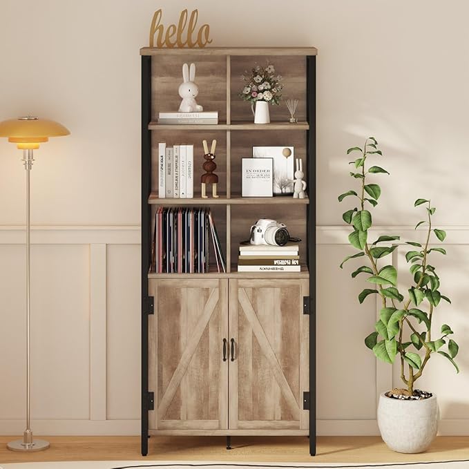 FATORRI Rustic Tall Bookshelf with Doors, Industrial Farmhouse Bookcase with Storage, 6 Cube Storage Organizer Book Shelf for Living Room, Home Office (Rustic Oak, 67 Inch)