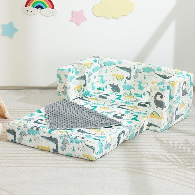ALIMORDEN Fold Out Toddler Couch, Extra Wide Comfy 2-in-1 Cuddly Sherpa Sofa for Kids, with Removable Baby Friendly Blanket, Convertible Sofa to Bed, Dinosaur