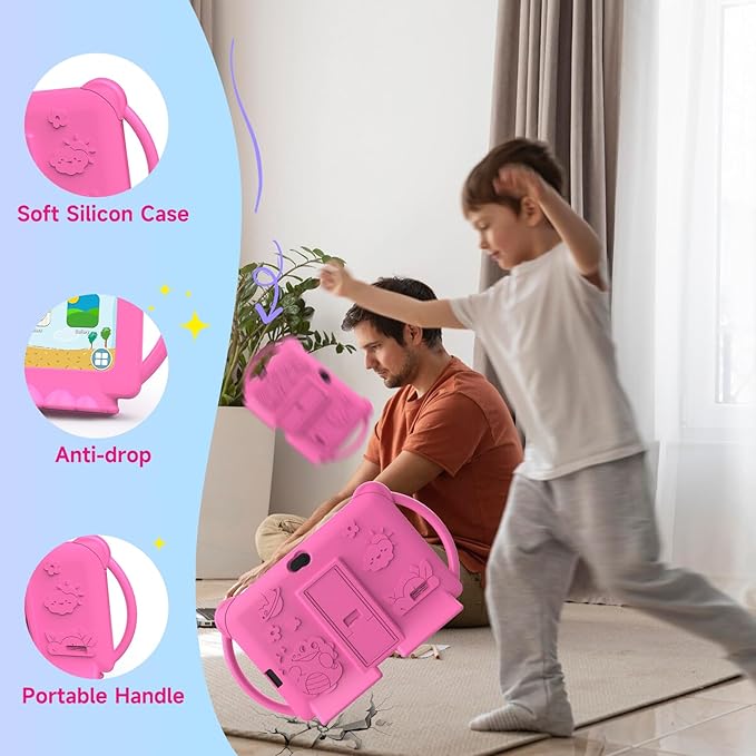 Kids Tablet 7 inch Android 12.0 for Toddler, 4GB RAM 32GB ROM Bluetooth IPS Screen Parental Control Dual Camera Shockproof Case for Educational Games, (1PCS, Rose Red)