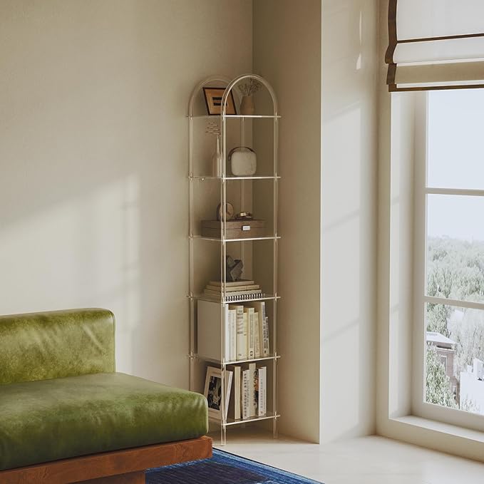 6-Tier Tall Acrylic Arched Bookcase, 13.8''W x 11.8''D x 68.4''H, Clear Narrow Bookshelf for Small Space, Open Book Shelves for Home Office, Living Room, Bedroom, Modern