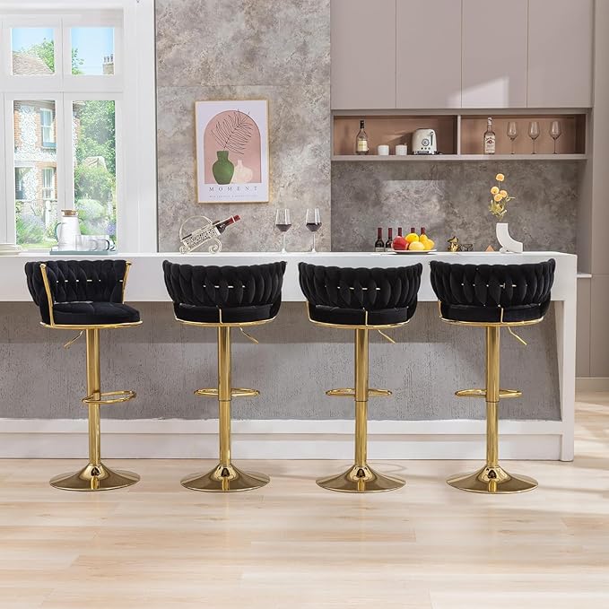 VECELO Bar Stools Set of 4, Modern-Contemporary Velvet Woven Counter Height Stools with Back and Arms, 360 Swivel Bar Chair, Black