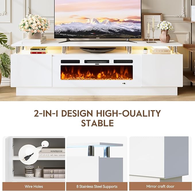 70" TV Stand for Living Room, Entertainment Center & Media Console with Storage, Fits TVs up to 80", Modern TV Cabinet with Shelves, 36" Electric Fireplace (All White)