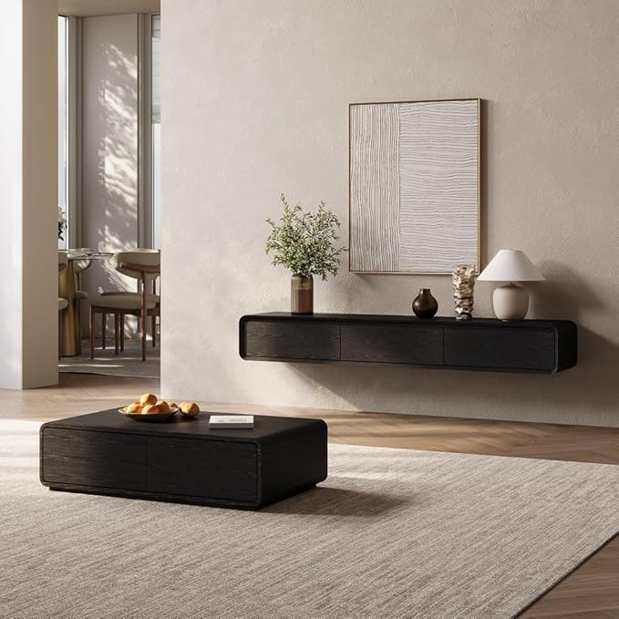 POVISON Fully-Assembled Minimalist Floating TV Stand, Modern Wall-Mounted Entertainment Center with 3 Flip-Down Cabinet Doors, Solid Wood Media Console, 70.87"