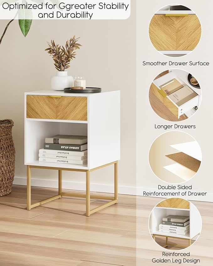 Nightstand,Modern Night Stand Boho Farmhouse Wood Bedside Table with Storage Drawer and Open Shelf,Side End Table for Bedroom,Living Room,White