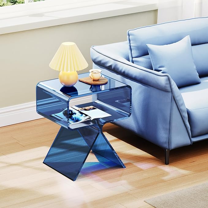Acrylic Nightstand Side Table Modern Design Clear Home Decor Display End Table for Living Room (Blue)
