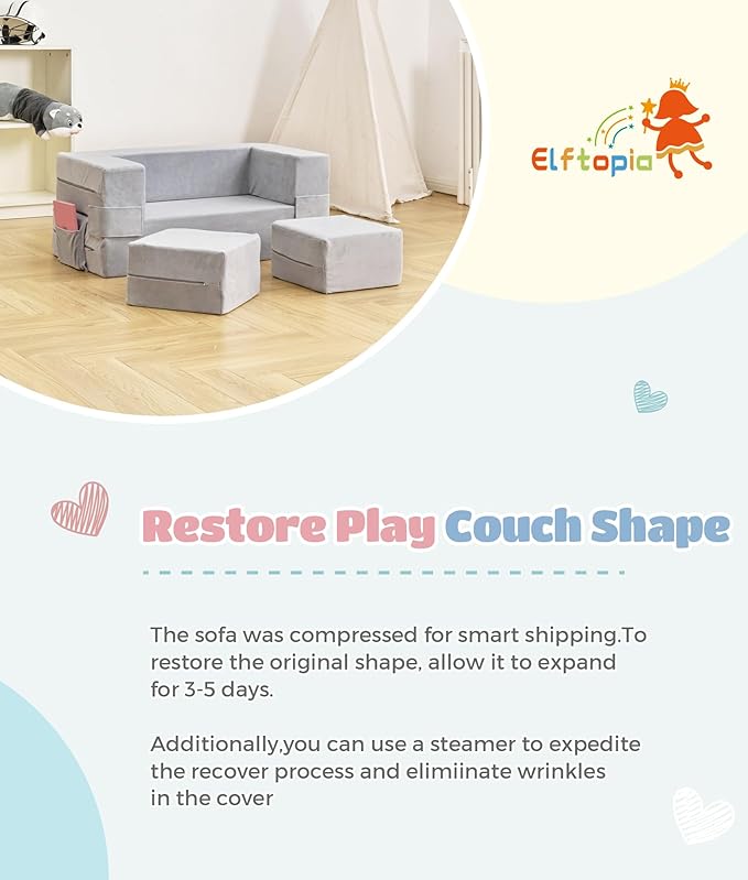 Modular Kids Sofa,Toddler Couch Foam Armchair for Kids, Children Convertible Plush Sofa Play Set,Fold Out SofaBed(Grey)