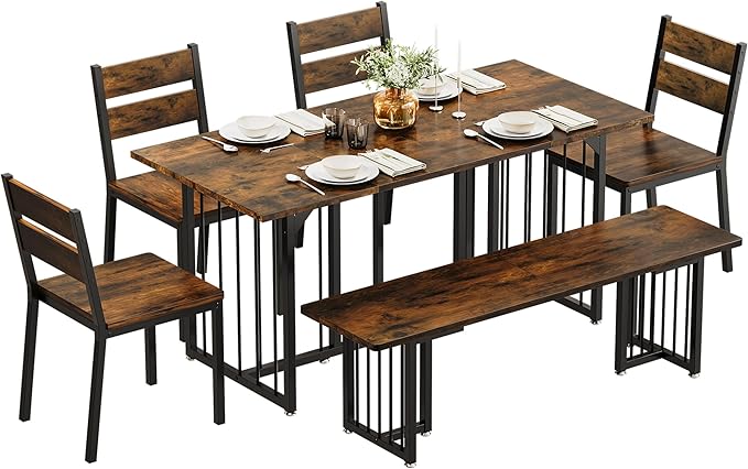 DWVO 63 Inch Dining Table Set for 6-8 People 6-Piece Large Kitchen Table Set with 2 Benches and 4 Chairs Farmhouse Rectangular Dining Room Table for Kitchen Dining Room Apartment Rustic Brown