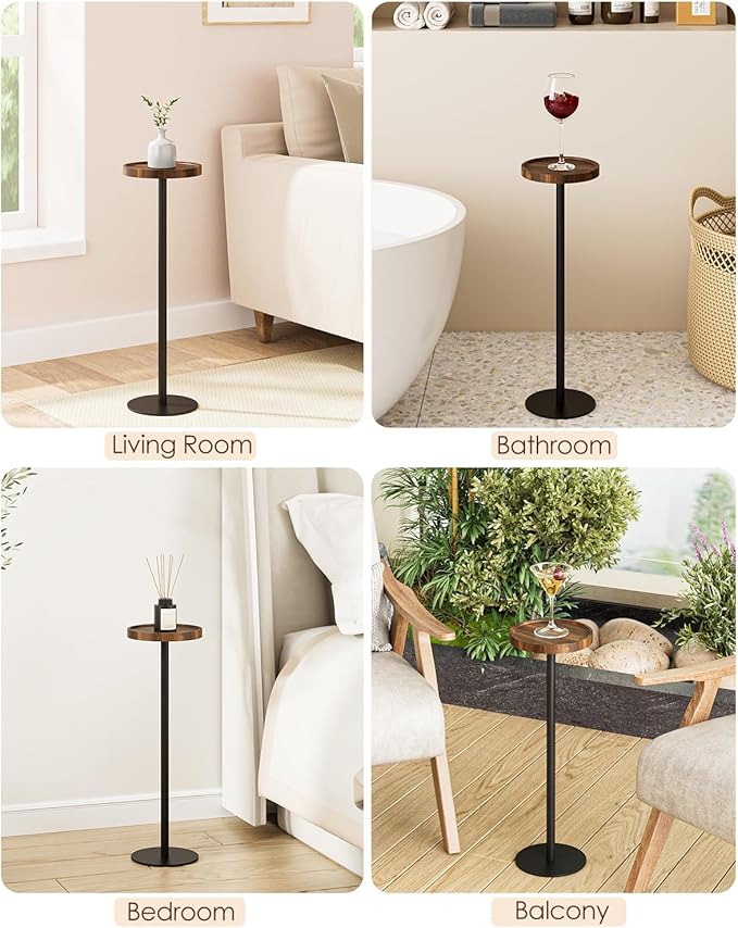 Drink Table, Small Pedestal Side Table, Round Cocktail Table, Circle Accent End Table with Metal Base, for Small Spaces (1, Brown Walnut)