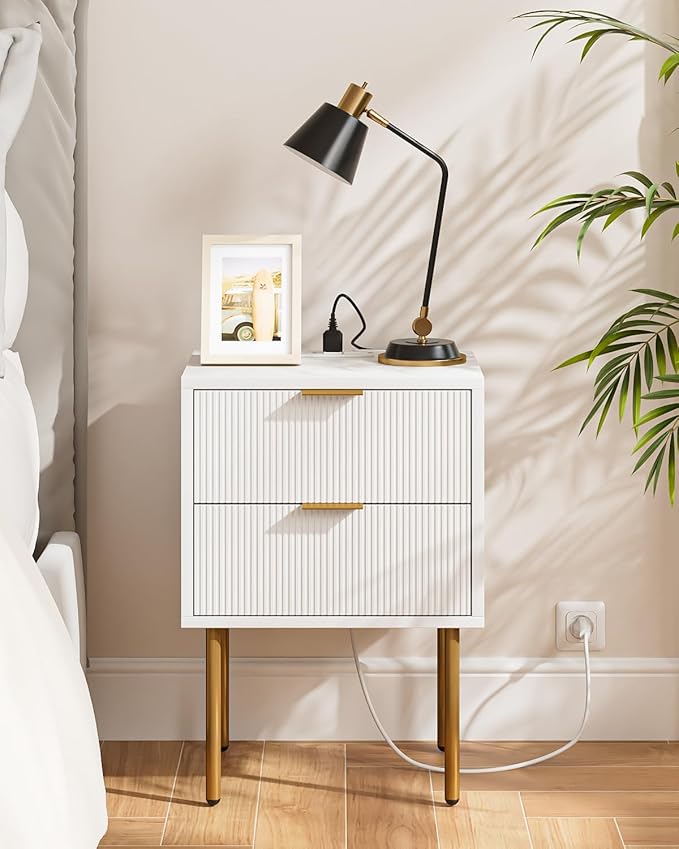 Nightstand,Small Bedside Table with Gold Frame,Morden Night Stand with 2 Drawer,End Table,Side Table with Drawer and Shelf for Bedroom,Living Room (White-2Drawer-Outlet)