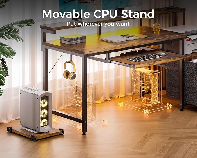 AODK Computer Desk with Drawers and Keyboard Tray, 55" Office Desk with Power Outlet and LED Lights, Reversible Study Work Desk with Printer Shelf and PC Stand for Home Office, Black