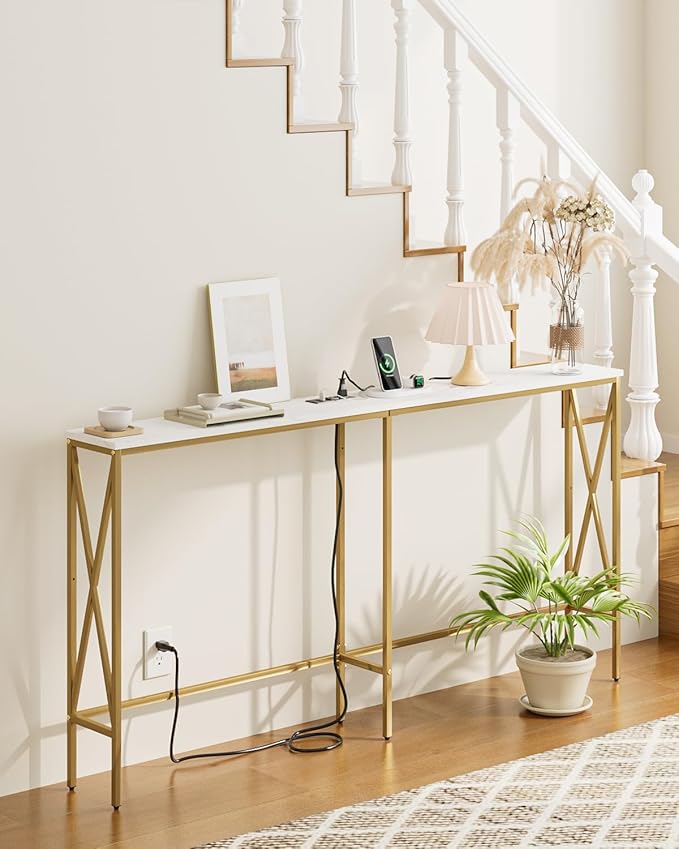 Masupu 63" Console Table with Power Outlet, Modern Narrow Long Sofa Table Behind Couch, Skinny Entry Table, Industrial Sofa Table with Metal Frame for Hallway, Living Room, Marble White