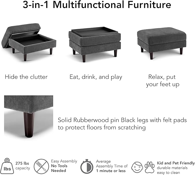 Bush Home Storage Ottoman with Tray, Living Room Furniture, Max Collection, Iron Gray Chenille Fabric