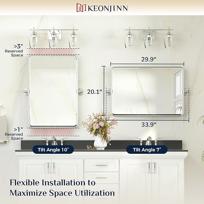 Keonjinn Brushed Nickel Pivot Mirror Bathroom, 20x30 in Tilt Mirror Bathrooms for Over Sink, Rounded Corner Modern Pivot Rectangle Mirrors, Metal Framed Beveled Bathroom Mirrors (Horizontal/Vertical)