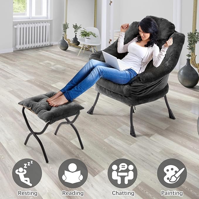 Lazy Chair with Folding Ottoman,Leisure Sofa Chair,Soft Fabric Armchair with Armrests and Side Pockets, Reading Chair with Footrest for Living Room, Bedroom, Office (Plush Dark Grey)