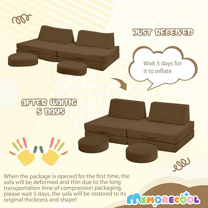 MeMoreCool Kids Couch for Playroom, Corduroy Convertible Toddler Couch, 8 Piece Modular Play Sofa, Foam Fort Building Set for Child Room Furniture, Brown