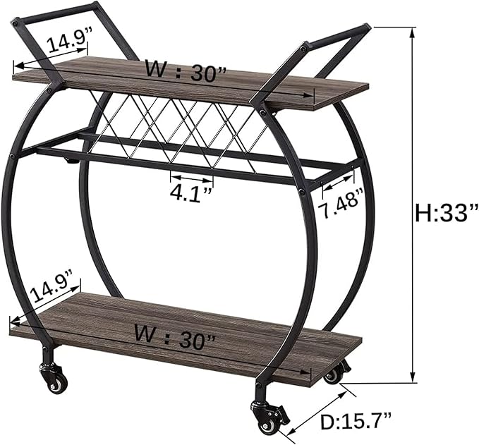 LVB Bar Cart with Wine Rack, 2 Tier Kitchen Cart on Wheels, Industrial Wood and Metal Portable Coffee Cart Table for Home, Rustic Modern Mobile Rustic Rolling Serving Cart with Shelves, Dark Oak