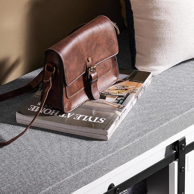 Haotian Industrial Style Shoe Storage Bench, Entryway Hallway Shoe Cabinet, Sliding Barn Doors, Drawer & Padded Seat Cushion, Rustic Window Bench for Mudroom (White) FSR198-W